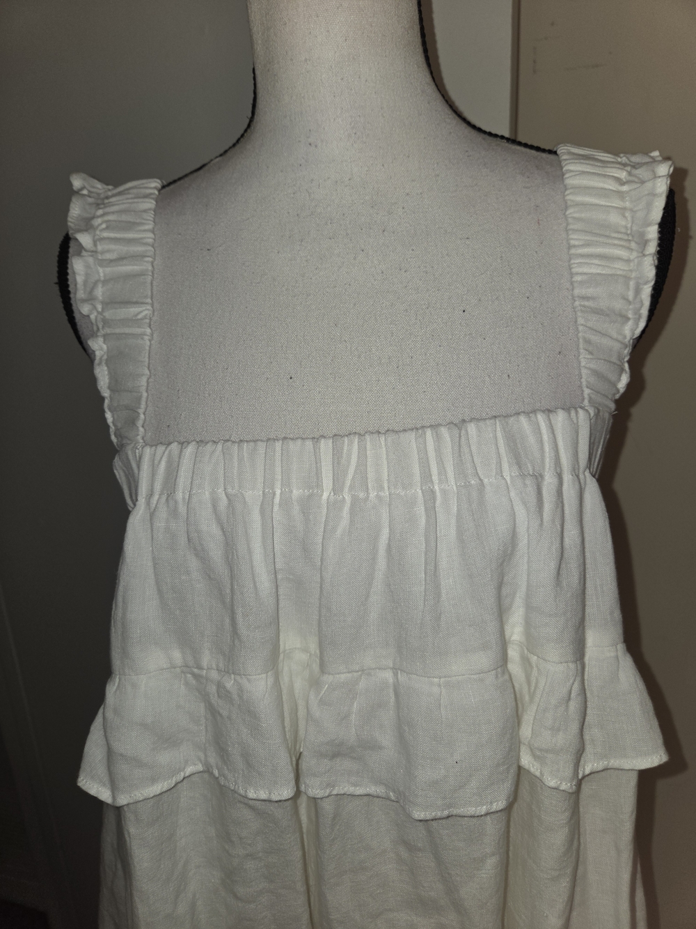 SOLAI White Ruffled Tiered Women’s 100% Linen Maxi Dress W Pockets SZL12-14